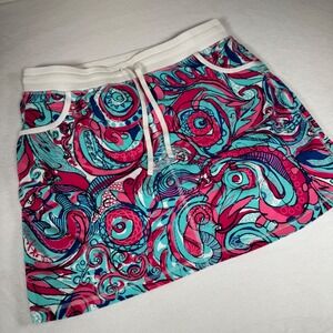 Talbots Women's Skort L Pink Blue Paisley Skort Elastic Waist Drawstring Pockets
